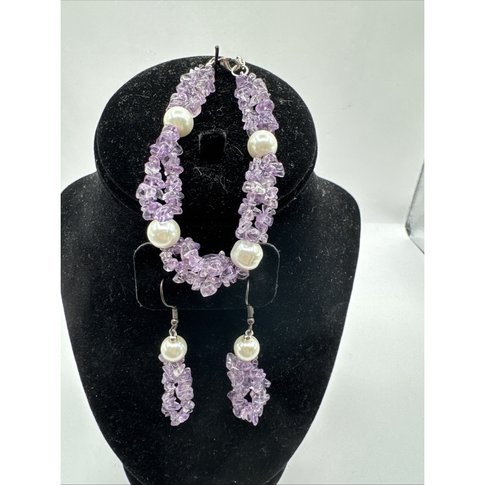 Genuine Amethyst and Faux Pearl Necklace Earrings and Bracelet Set with Box